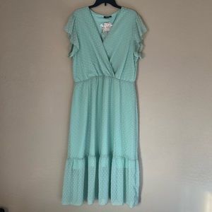 Fashion, XXL, mint color maxi with Swiss dots, flutter sleeves and ruffles